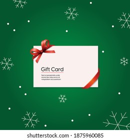 Christmas gift card with red ribbon  vector illustration. Holiday gift card template with green backgrounds and snowflakes