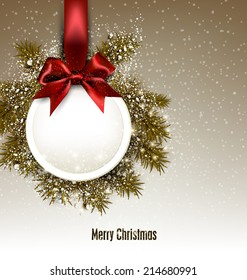 Christmas gift card with red ribbon and satin bow. Vector illustration.