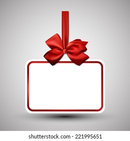 Christmas gift card with red ribbon and satin bow. Vector illustration.