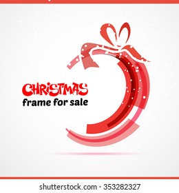 Christmas gift card with red ribbon and satin bow. Vector illustration. Circle and bow