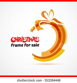 Christmas gift card with red ribbon and satin bow. Vector illustration. Circle and bow