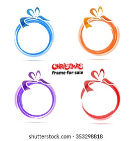 Christmas gift card with red ribbon and satin bow. Vector illustration. Circle and bow