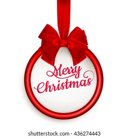Christmas gift card with red ribbon and satin bow. EPS 10 vector file included