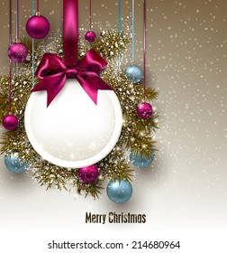 Christmas gift card with ribbon and Christmas baubles. Vector illustration.