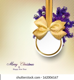 Christmas gift card with ribbon and satin bow. Vector illustration. 