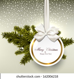 Christmas gift card with ribbon and satin bow. Vector illustration. 