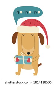 Christmas gift card or tag with cute dog in santa hat and mittens with present. Lettering Ho-ho-ho. Vector illustration. Great for xmas greeting, holidays postcard.