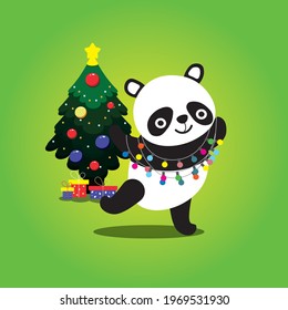 Tarjeta de regalo de Navidad. Plantilla de tarjeta de felicitación de vectores. Un panda lindo con fanáticos y un árbol de Navidad. Feliz Año Nuevo