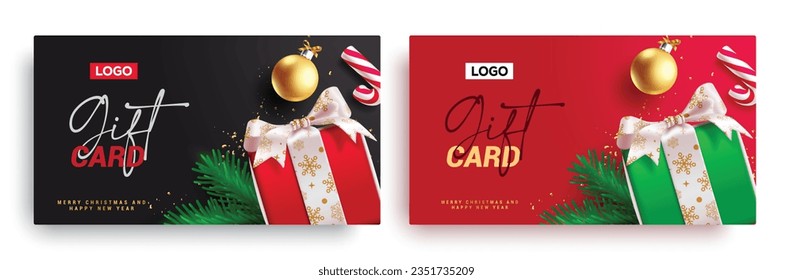 Christmas gift card vector set design. Merry christmas and happy new year greeting for holiday gift cards vouchers collection. Vector illustration shopping voucher certificate.
