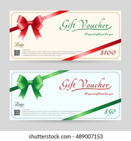 Christmas gift card or gift voucher template with shiny red and green bows and ribbons vector