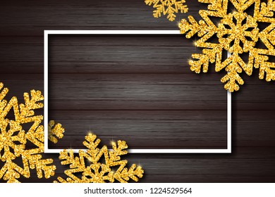 Christmas gift card with wood background and golden snowflakes. Holiday template for a business card, banner, poster, notebook, invitation with copy space. Vector illustration for your design