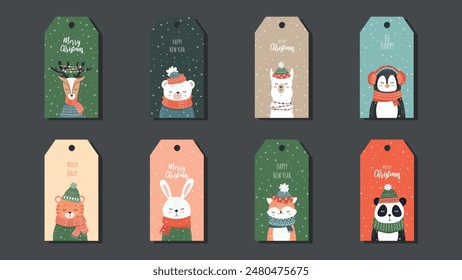 Christmas Gift Cards with Cute Baby Animals with Closed Eyes. New Year gift decoration. Vector