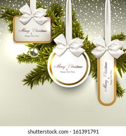 Christmas gift cards with ribbon and satin bows. Vector illustration.  