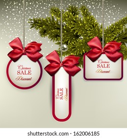 Christmas gift cards with ribbon and satin bows. Vector illustration. 