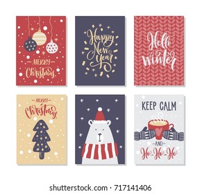 Christmas gift cards or tags with lettering. Hand drawn design elements.