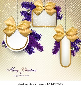 Christmas gift cards with  yellow ribbon and satin bows. Vector illustration. 