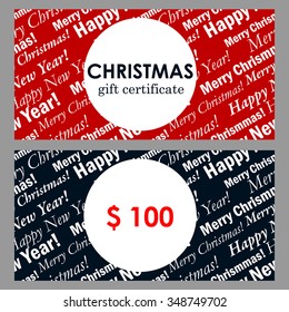 Christmas gift certificate with abstract red and dark blue background with phrases Merry Christmas and Happy New Year. Creative shopping concept. Backgrounds & textures shop.