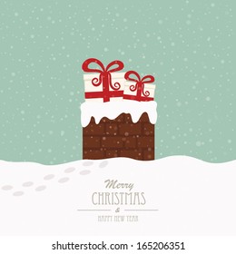 christmas gift in chimney winter background