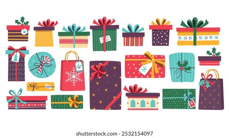 Colección de regalo de Navidad. Un conjunto lindo de 20 diseños diferentes de regalo de Navidad. Ilustración vectorial colorida dibujada a mano.