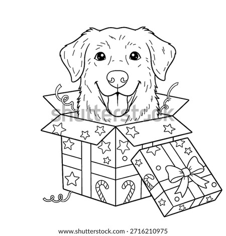 Christmas gift coloring book featuring an adorable dog. Christmas box decorations provide clues to Christmas gifts.