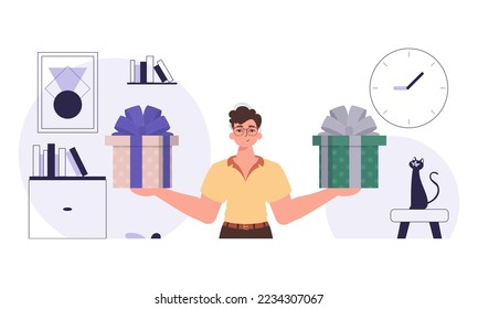 Christmas gift concept. The guy is holding a gift in his hands.