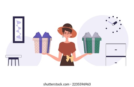 Christmas gift concept. A young woman holds a gift box in her hands.