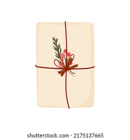 Christmas gift in craft packaging. Decorated with natural materials:  cinnamon, berries, pine needles. Cute clip-art in doodle style. Vector illustration, hand-drawn