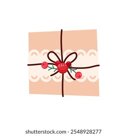 Christmas gift in craft paper with decorations. Decorated fir branches, orange slices and berries. Rustic gift box. Eco decoration. Gift boxes ribbons, jute rope, tags. Vector flat illustration.