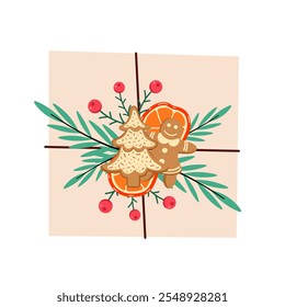 Christmas gift in craft paper with decorations. Decorated with orange slices, ginger cookies, berries and willows branch. Rustic gift box. Eco decoration Gift box. Vector flat illustration.