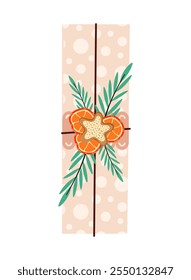 Christmas gift in craft paper with decorations. Decorated with orange slices, ginger cookies, berries and willows branch. Rustic gift box. Eco decoration Gift box. Vector flat illustration.