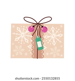 Christmas gift in craft paper with decorations. Decorated with snowflakes, Christmas balls and tag. Rustic gift box. Eco decoration Gift box. Vector flat illustration.