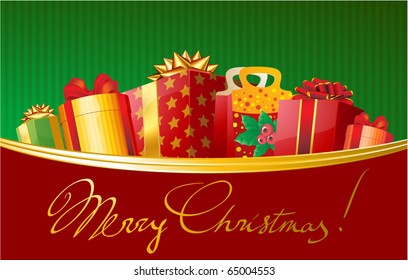 Christmas gift in decorated boxes. Vector greeting card template.