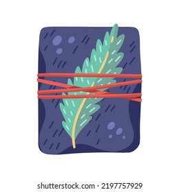 Christmas gift, decorated with plants, ribbons and recycled wrapping paper. Hygge vintage style. Natural northern colors. Cute scandinavian present package. Flat hand drawn doodle cartoon vector style