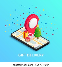 Christmas Gift Delivery isometric banner with pin, gift box, Christmas tree on smartphone screen with city map on blue background. 3d design template vector illustration for web, app, advert