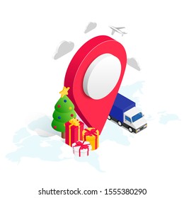 Christmas Gift Delivery isometric concept with pin, gift box, truck, Christmas tree, plane on white background. Holiday online store shipping service 3d design. Vector illustration for web, app, ad