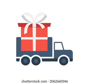 Christmas gift delivery. online shopping logistic truck delivering gift tag. Online delivery contactless service to home, office by truck.