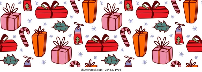 Christmas gift doodle pattern. Festive winter doodle background. Hand drawn gift boxes with bows and ribbons. Minimalistic horizontal design for holidays, wrapping paper. Vector illustration.