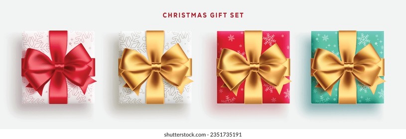 Christmas gift elements vector set design. Christmas gift set with elegant pattern wrapper and red and gold ribbon elements isolated in white. Vector illustration surprise present gift collection.
