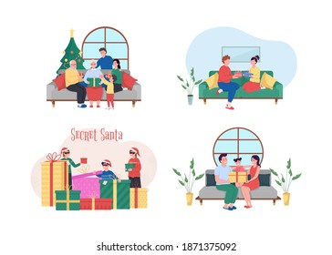 Christmas gift exchange 2D vector web banner, poster set. Give present. Family flat characters on cartoon background. Seasonal holiday celebration printable patch, colorful web element collection
