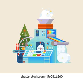 Christmas gift factory. Holiday Machine process in isometric style. Winter card illustration concept, celebration theme background. Conveyor process with children wish list.