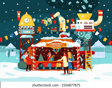 Fábrica de regalos de Navidad con juguetes, regalos en transportador. Las cartas a Santa Claus se convierten en regalos. Fiesta noche nevada, pareja compra regalos de año nuevo, ilustración vectorial en estilo plano. Vacaciones de invierno.