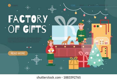 Christmas gift factory web banner template with tiny elves and gift boxes coming from conveyor belt, flat cartoon vector illustration. Holiday winter web page design.