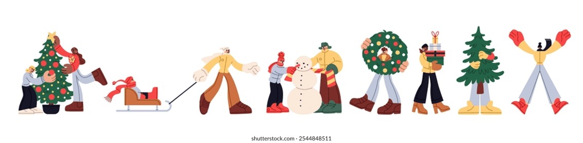 Christmas gift. Family preparing and celebrating winter holiday. Happy couple carry Xmas tree. Woman holding New Years present box. Holiday shopping. Man making snowman. Vector festive characters set