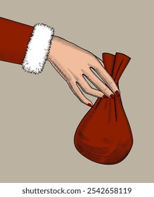 Christmas gift. Female hand in Santa clothes holding small Christmas red gift bag. Vintage engraving, stylized drawing. Vector illustration