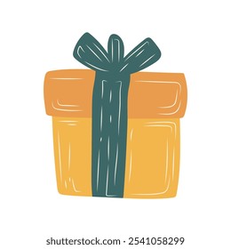 Christmas gift in flat design. Holiday present in wrapped box with ribbon bow. Vector illustration isolated.