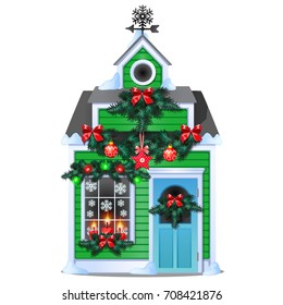 Christmas gift in the form of rustic wooden house in winter. Sketch for greeting card, festive poster or party invitations. Attributes of Christmas and New year. Vector cartoon close-up illustration.