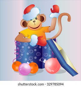 Christmas gift with a fun monkey. Vector illustration.