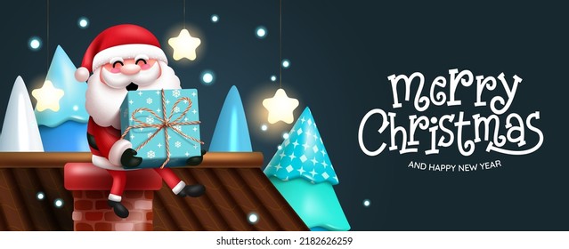 Regalo navideño con diseño vectorial. Texto de navidad con personaje de santa claus en el techo de la chimenea sosteniendo un elemento de regalo para la celebración de la víspera de Navidad. Ilustración vectorial.
