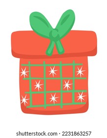Christmas gift with green bow and snowflakes. Vector holiday illustration