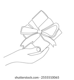 Christmas gift in hand in one line drawing style. Vector minimalist illustration.